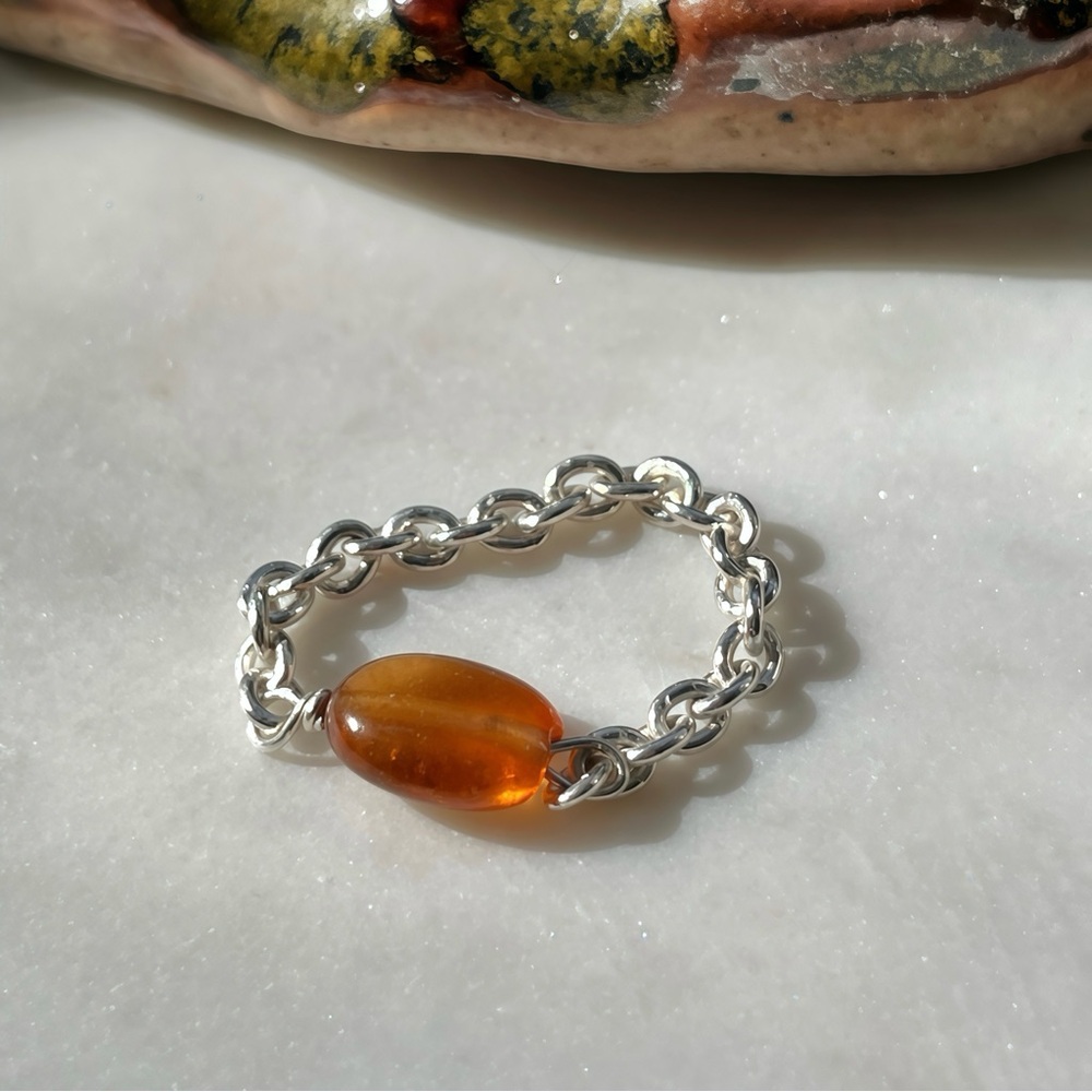 Sterling Silver Rolo Chain Garnet Gemstone Ring - Picture 3 of 3
